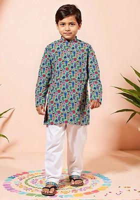 Green Printed Cotton Kurta Set For Boys
