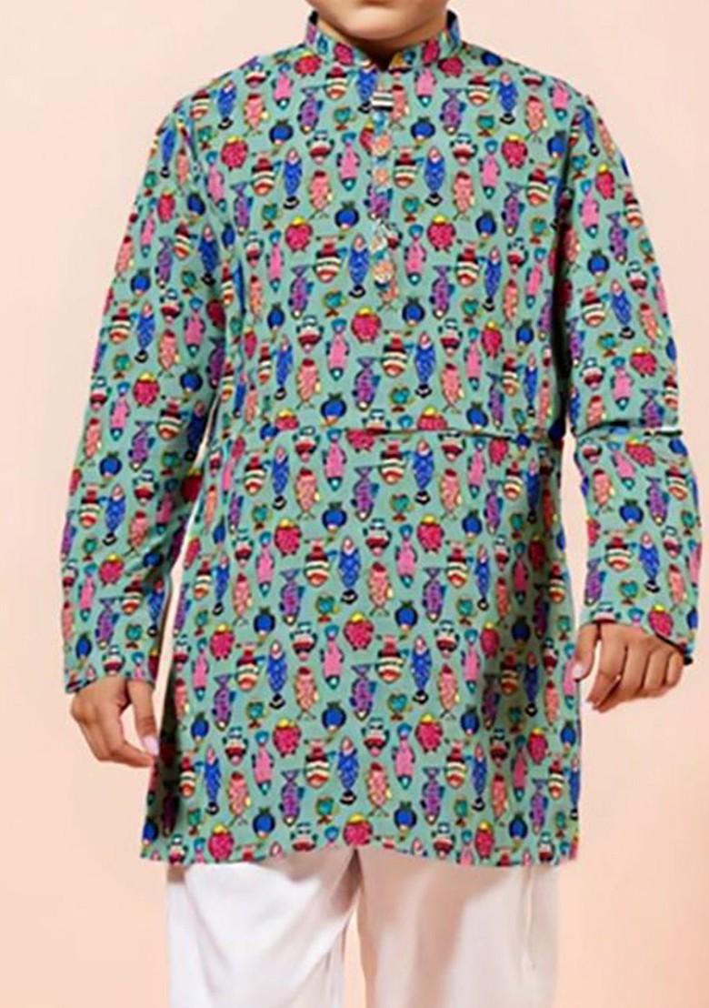 Green Printed Cotton Kurta Set For Boys - Indya