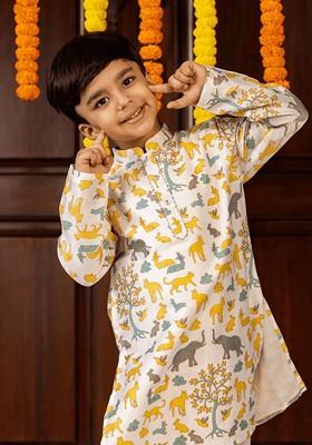 Off White Printed Blended Kurta Set For Boys