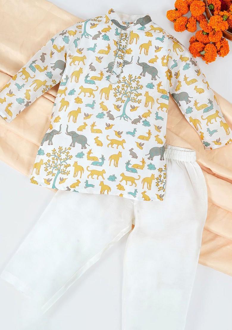 Off White Printed Blended Kurta Set For Boys - Indya