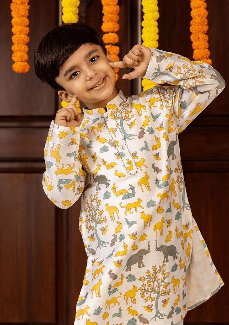 Off White Printed Blended Kurta Set For Boys - Indya