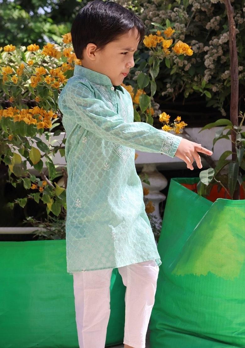 Green Embroidered Cotton Kurta Set For Boys - Indya