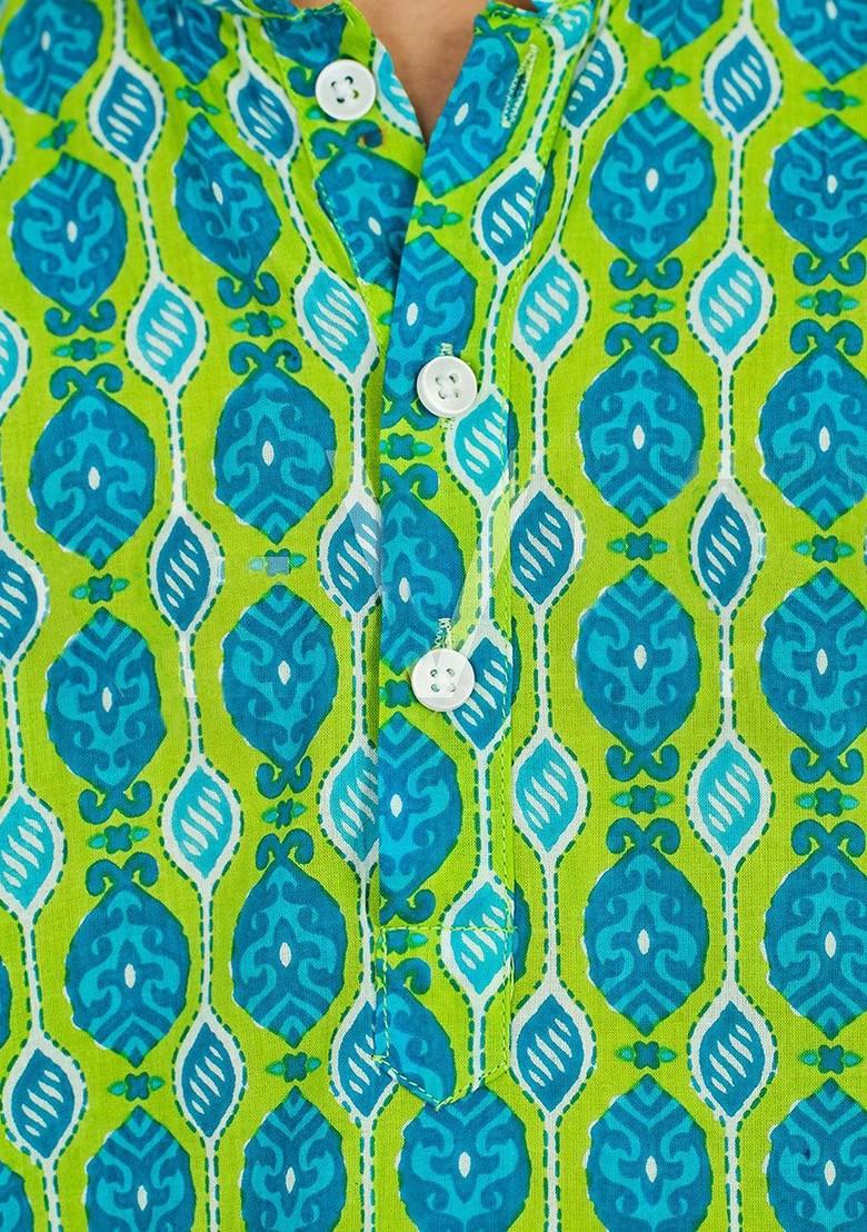 Green Printed Cotton Nehru Jacket Set For Boys - Indya