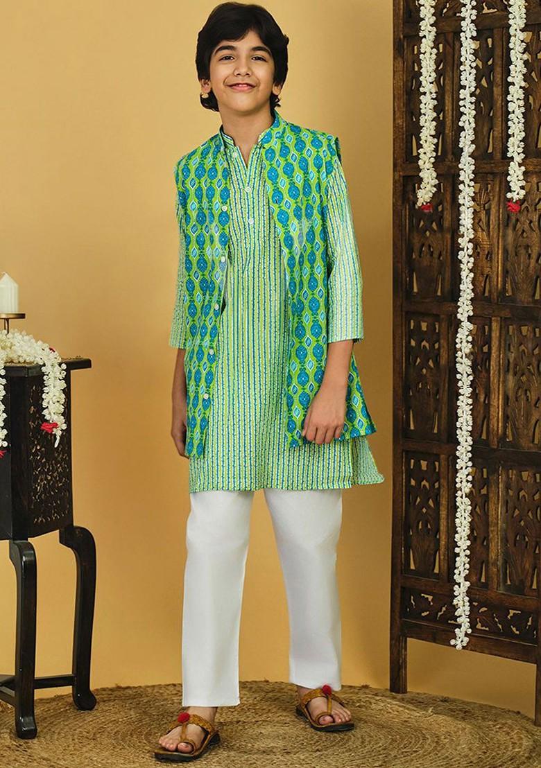Green Printed Cotton Nehru Jacket Set For Boys - Indya