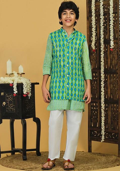 Green Printed Cotton Nehru Jacket Set For Boys — view on Indya
