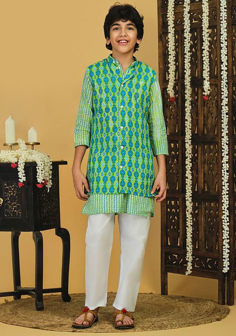 Green Printed Cotton Nehru Jacket Set For Boys - Indya