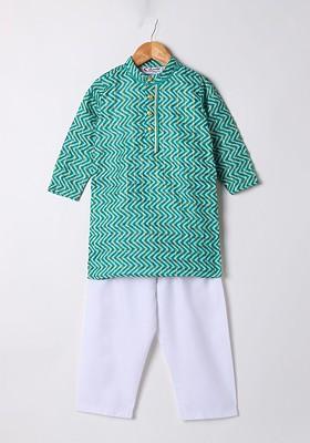 Green Printed Cotton Kurta Set For Boys