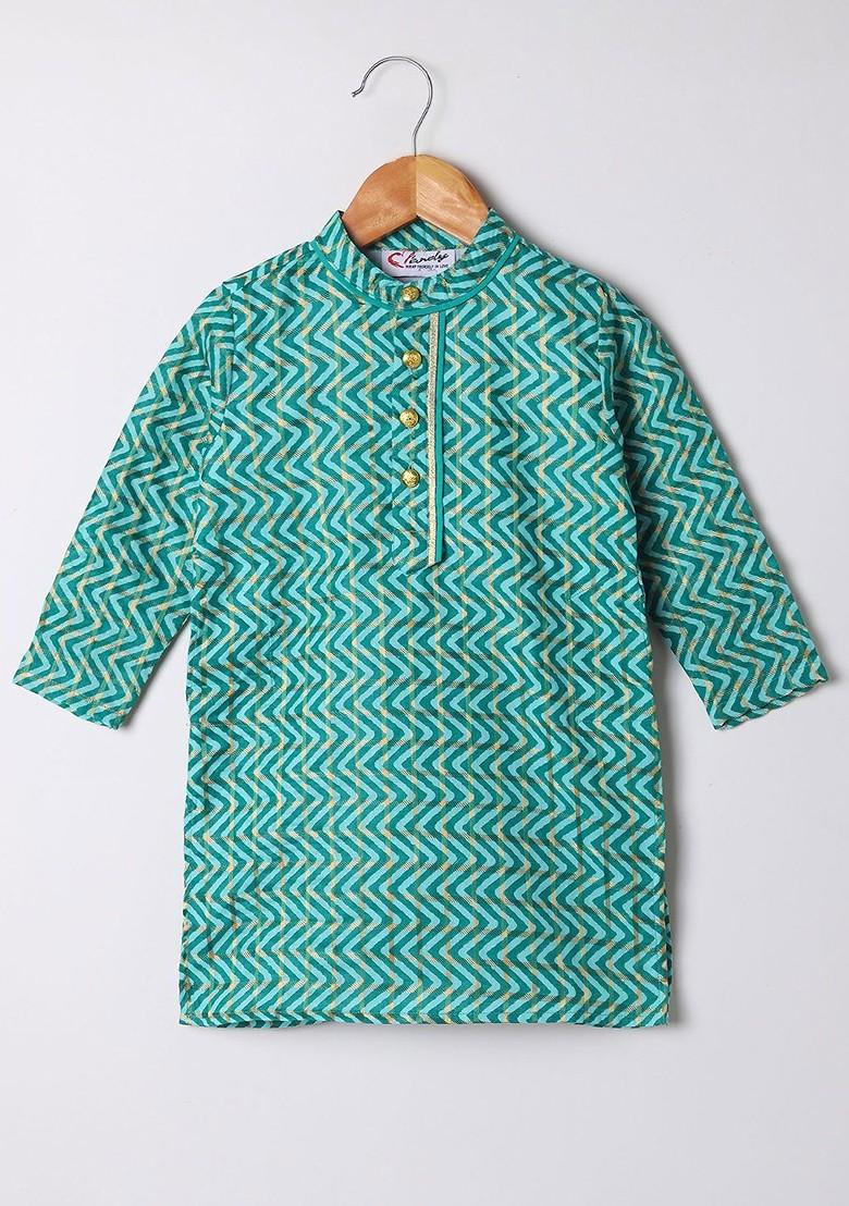 Green Printed Cotton Kurta Set For Boys - Indya