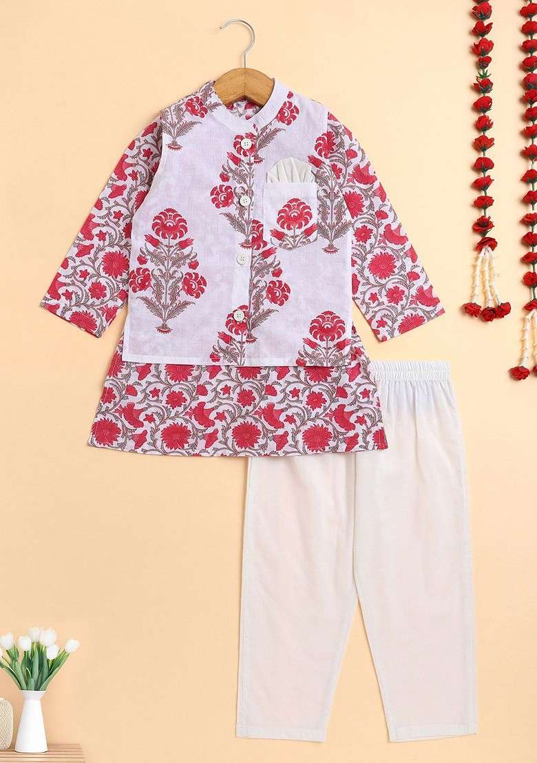 White Printed Cotton Kurta Set For Boys - Indya