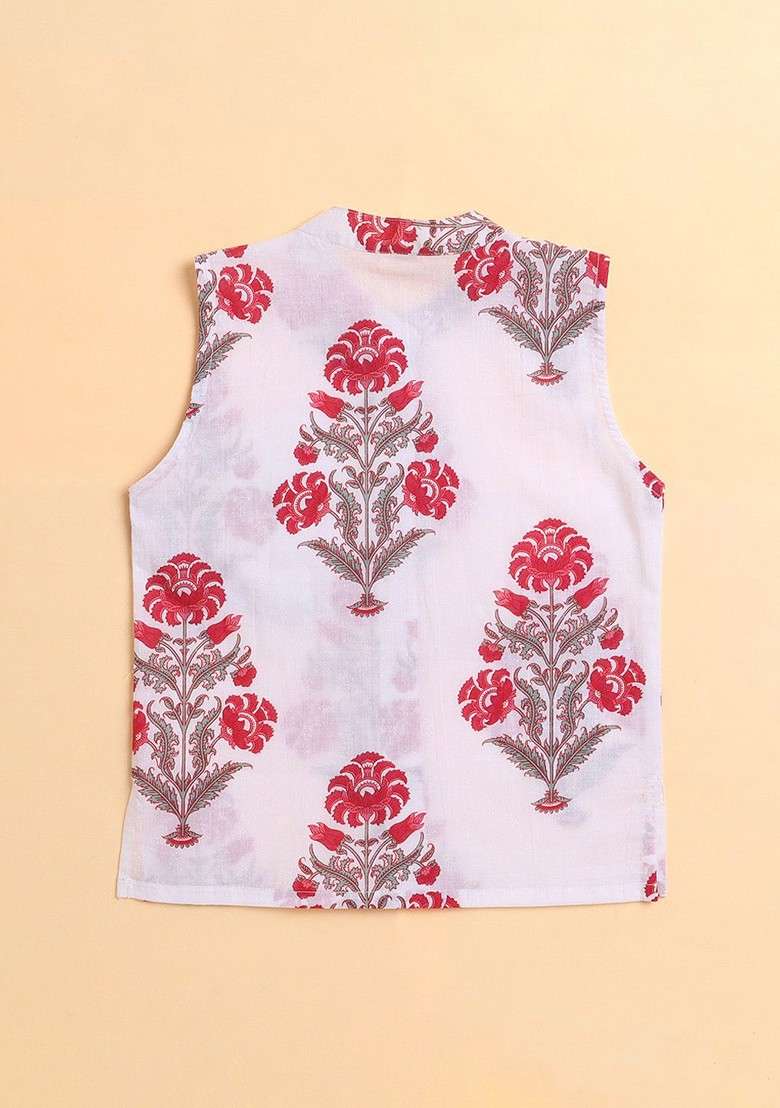 White Printed Cotton Kurta Set For Boys - Indya