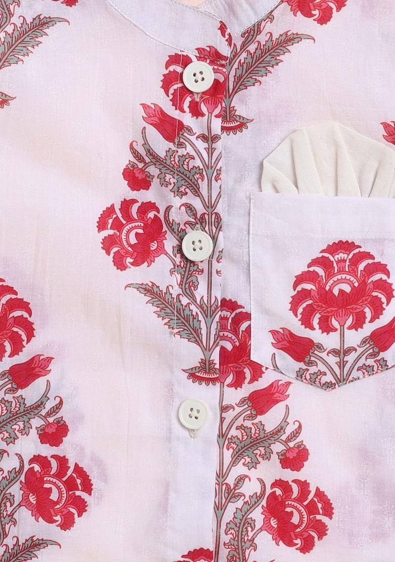 White Printed Cotton Kurta Set For Boys - Indya