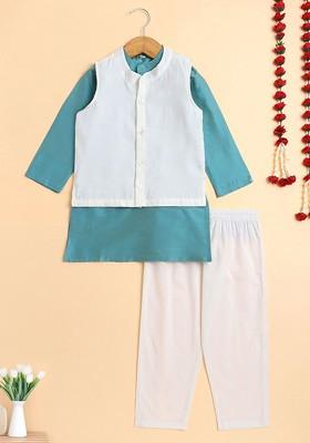 Blue Solid Cotton Kurta Set For Boys