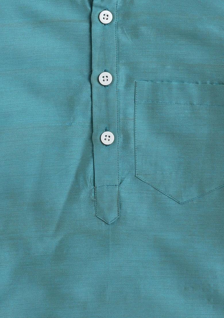 Blue Solid Cotton Kurta Set For Boys - Indya
