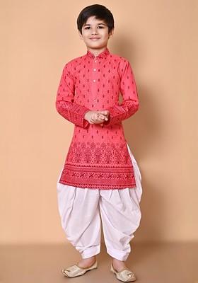 Orange Embroidered Cotton Kurta Set For Boys