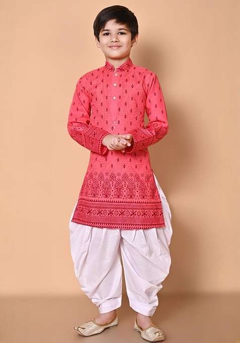 Orange Embroidered Cotton Kurta Set For Boys