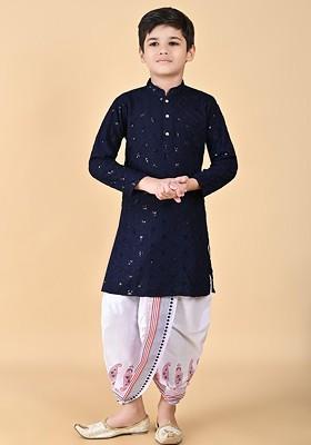 Navy Blue Embroidered Viscose Rayon Kurta Set For Boys
