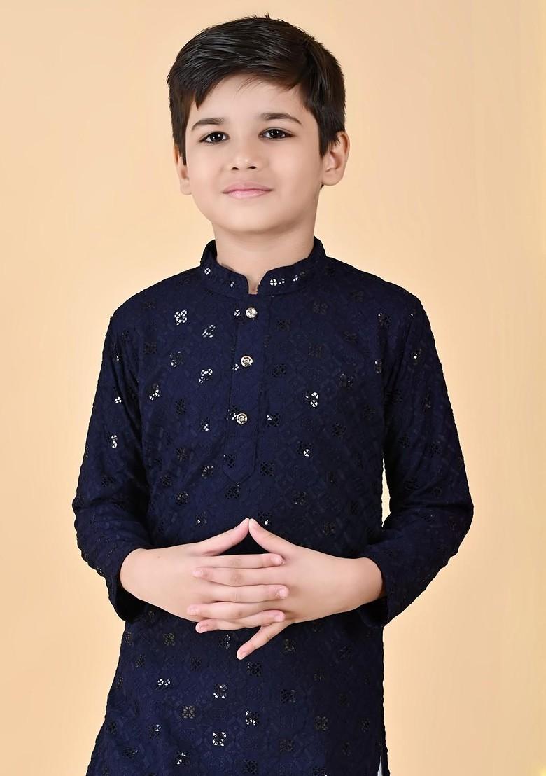 Navy Blue Embroidered Viscose Rayon Kurta Set For Boys - Indya