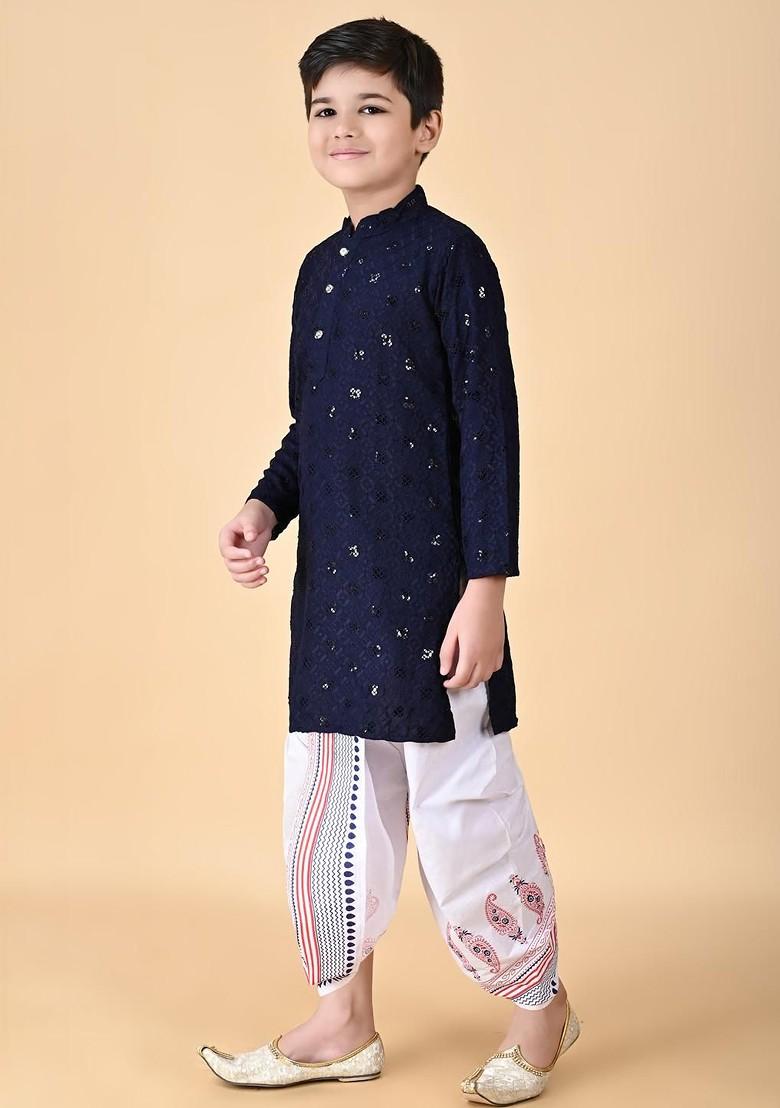 Navy Blue Embroidered Viscose Rayon Kurta Set For Boys - Indya