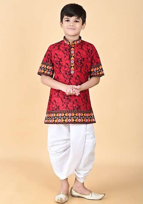 Pink Embroidered Cotton Kurta Set For Boys