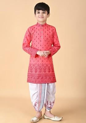 Orange Embroidered Cotton Kurta Set For Boys