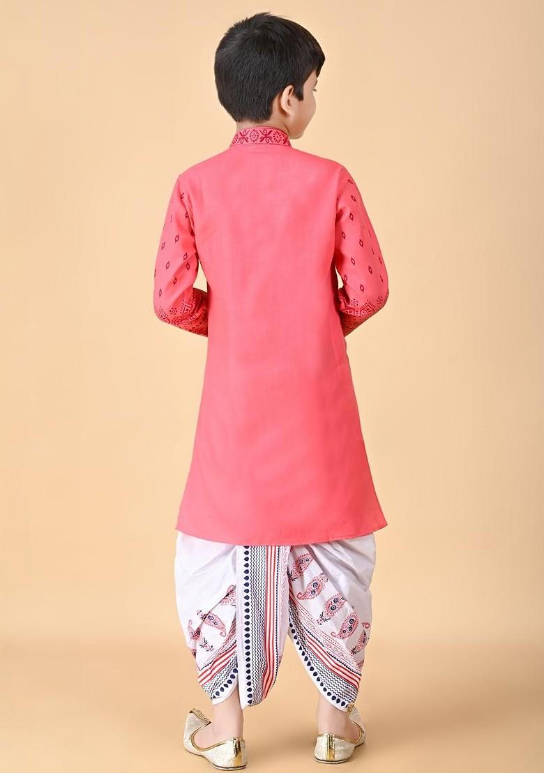 Orange Embroidered Cotton Kurta Set For Boys - Indya