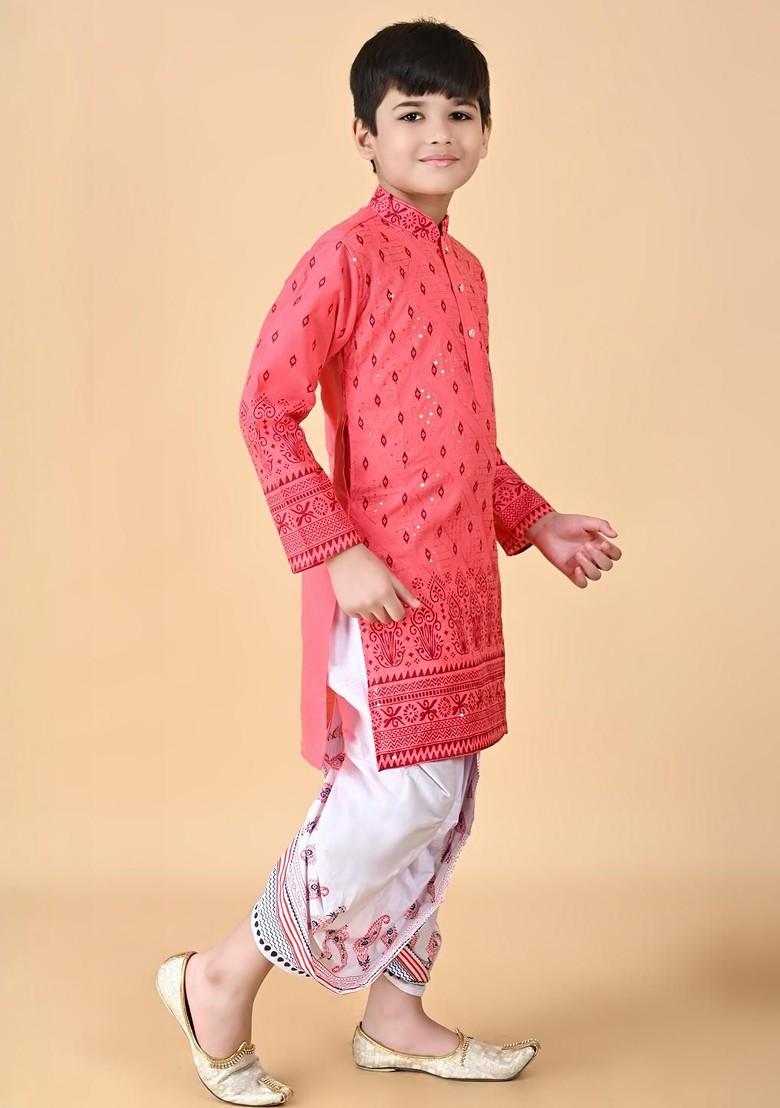Orange Embroidered Cotton Kurta Set For Boys - Indya