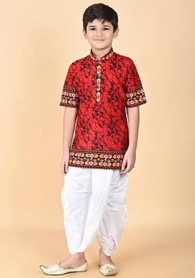 Red Embroidered Cotton Kurta Set For Boys