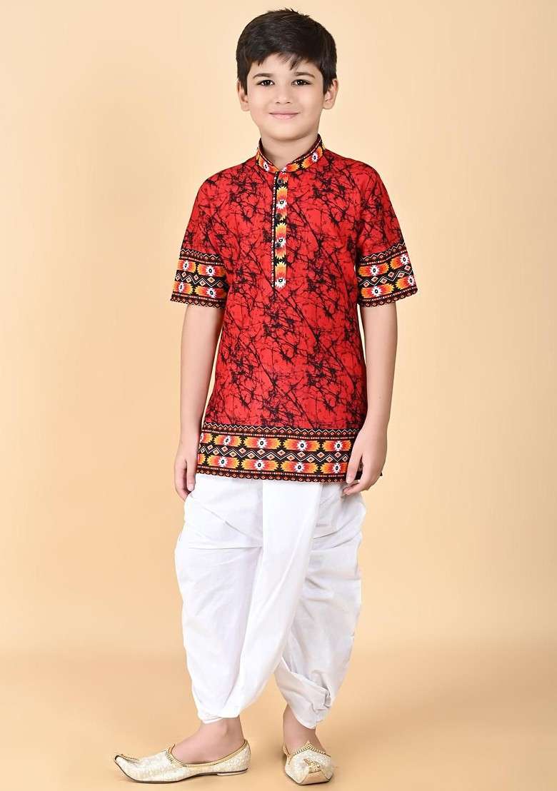 Red Embroidered Cotton Kurta Set For Boys - Indya