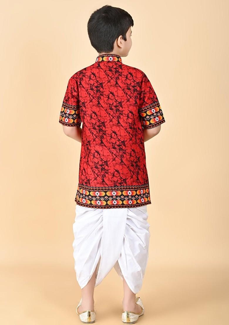 Red Embroidered Cotton Kurta Set For Boys - Indya