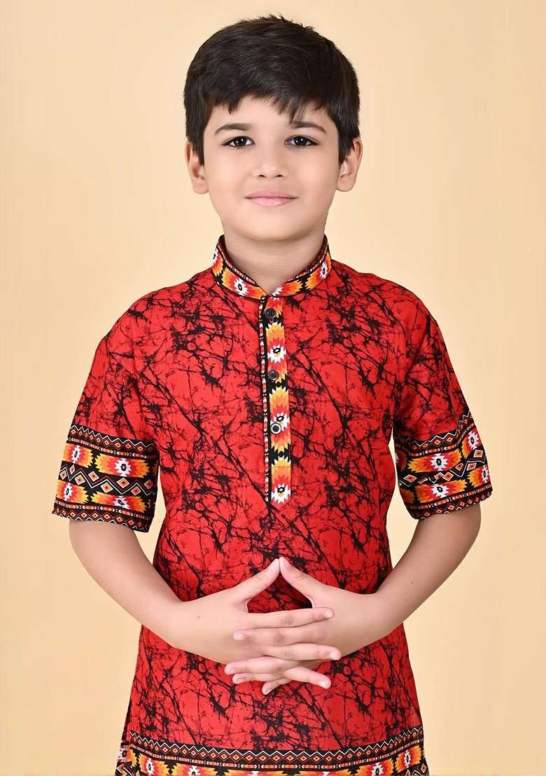 Red Embroidered Cotton Kurta Set For Boys - Indya