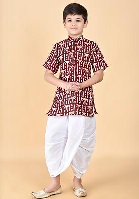 Maroon Embroidered Cotton Kurta Set For Boys