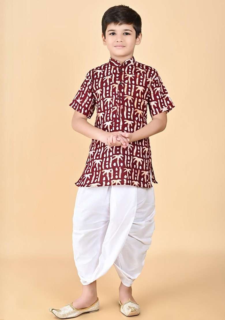 Maroon Embroidered Cotton Kurta Set For Boys - Indya