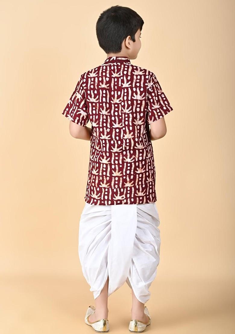 Maroon Embroidered Cotton Kurta Set For Boys - Indya