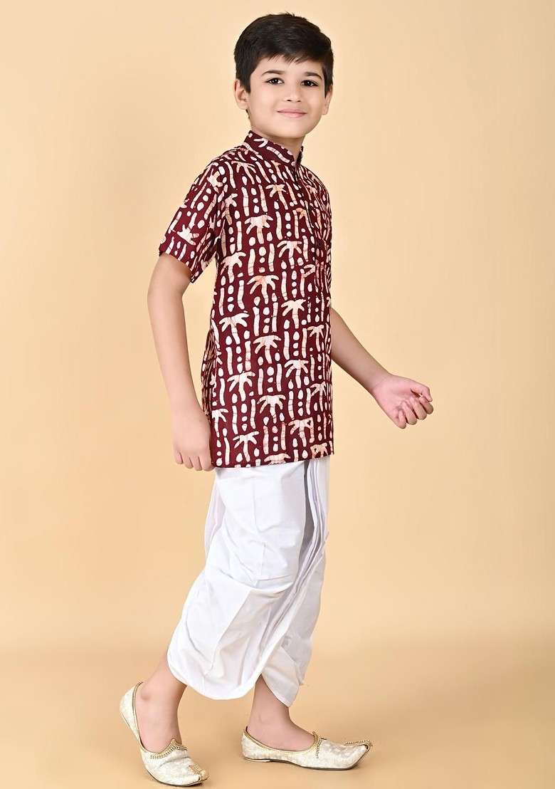 Maroon Embroidered Cotton Kurta Set For Boys - Indya