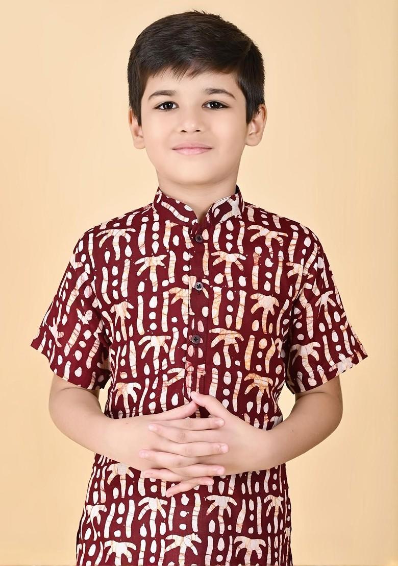 Maroon Embroidered Cotton Kurta Set For Boys - Indya