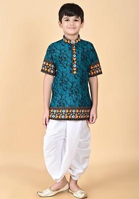 Green Embroidered Cotton Kurta Set For Boys