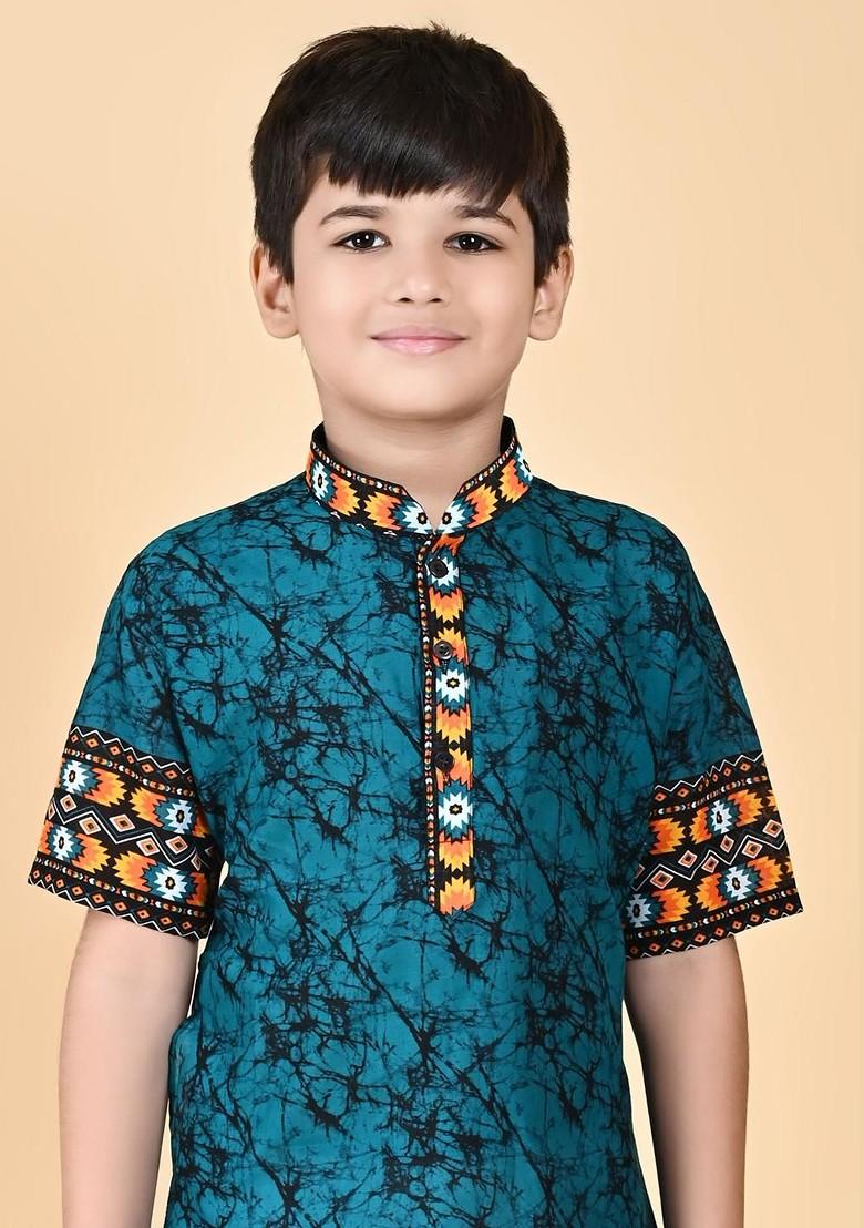 Green Embroidered Cotton Kurta Set For Boys - Indya