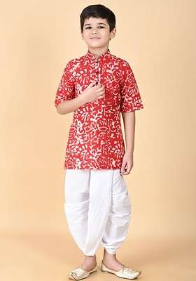 Red Embroidered Cotton Kurta Set For Boys