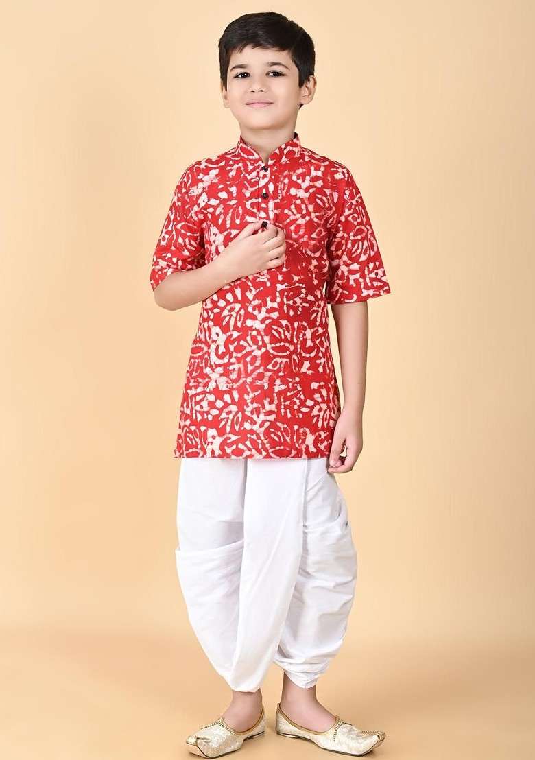 Red Embroidered Cotton Kurta Set For Boys - Indya
