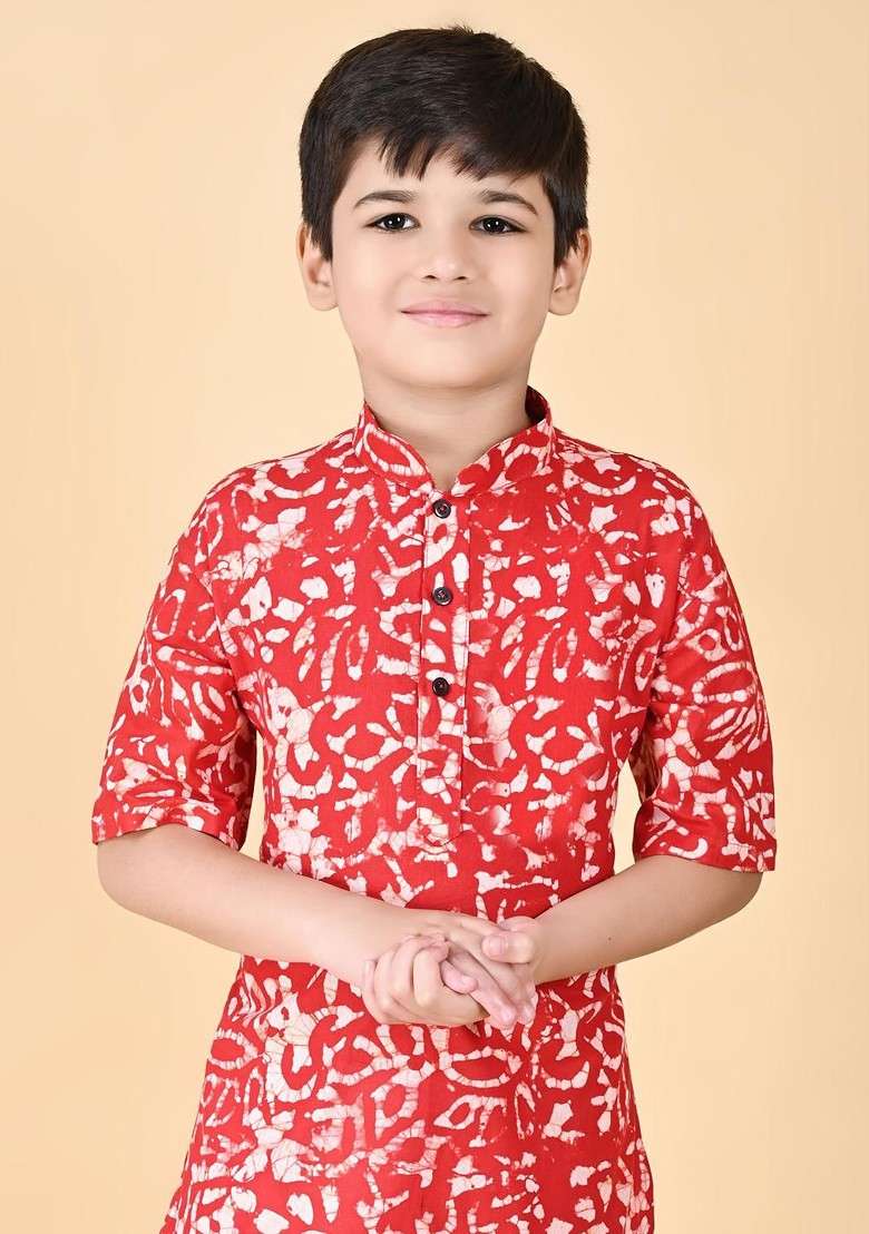 Red Embroidered Cotton Kurta Set For Boys - Indya