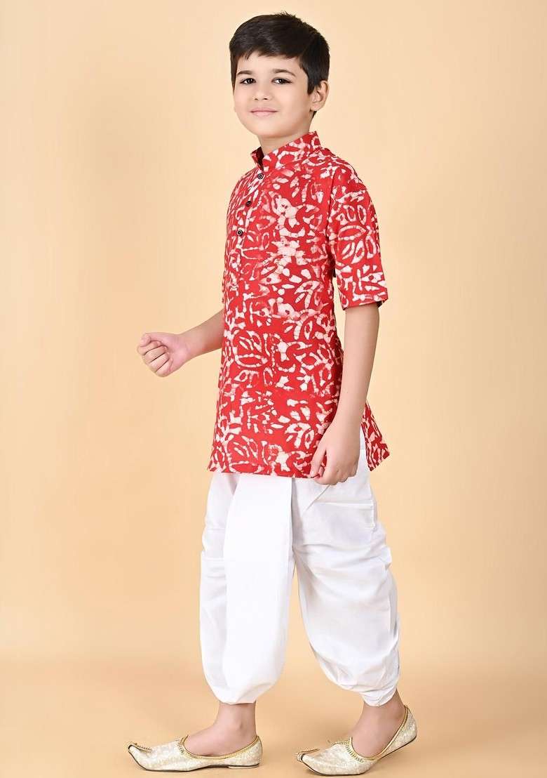 Red Embroidered Cotton Kurta Set For Boys - Indya