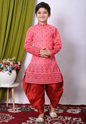 Orange Embroidered Cotton Kurta Set For Boys