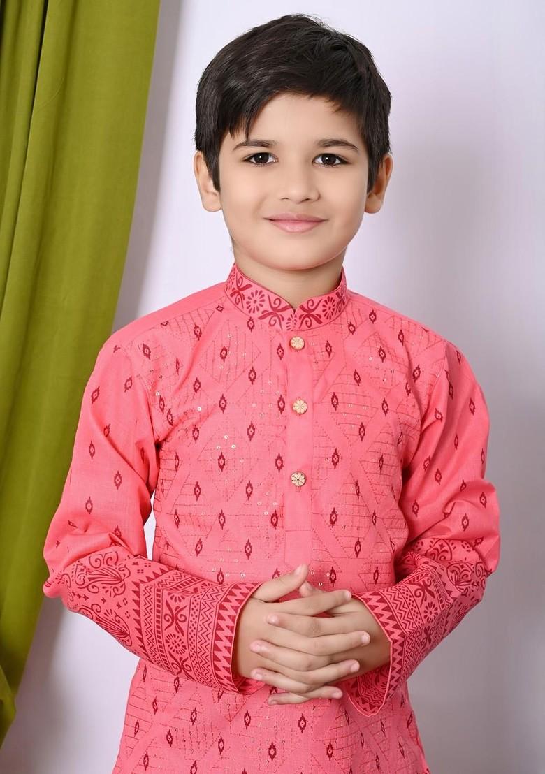 Orange Embroidered Cotton Kurta Set For Boys - Indya