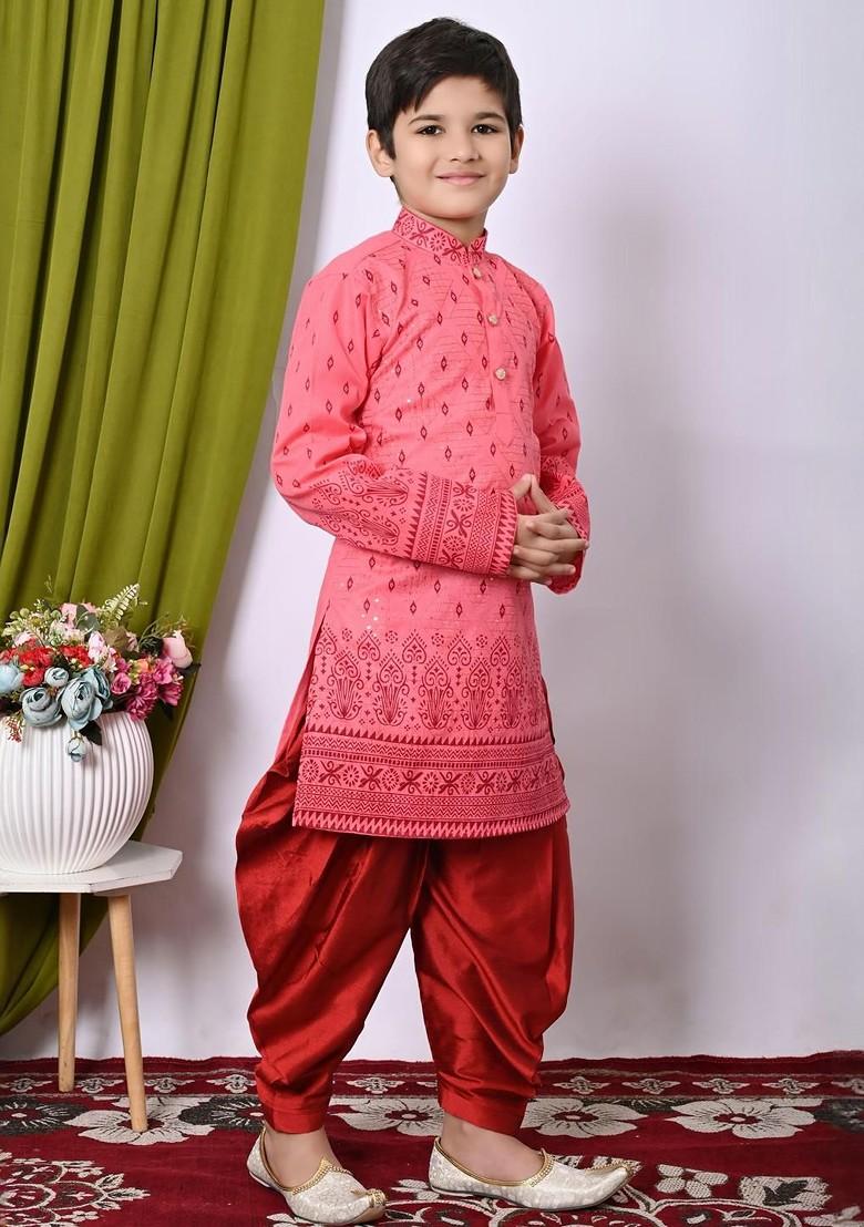 Orange Embroidered Cotton Kurta Set For Boys - Indya