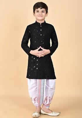 Black Embroidered Viscose Rayon Kurta Set For Boys