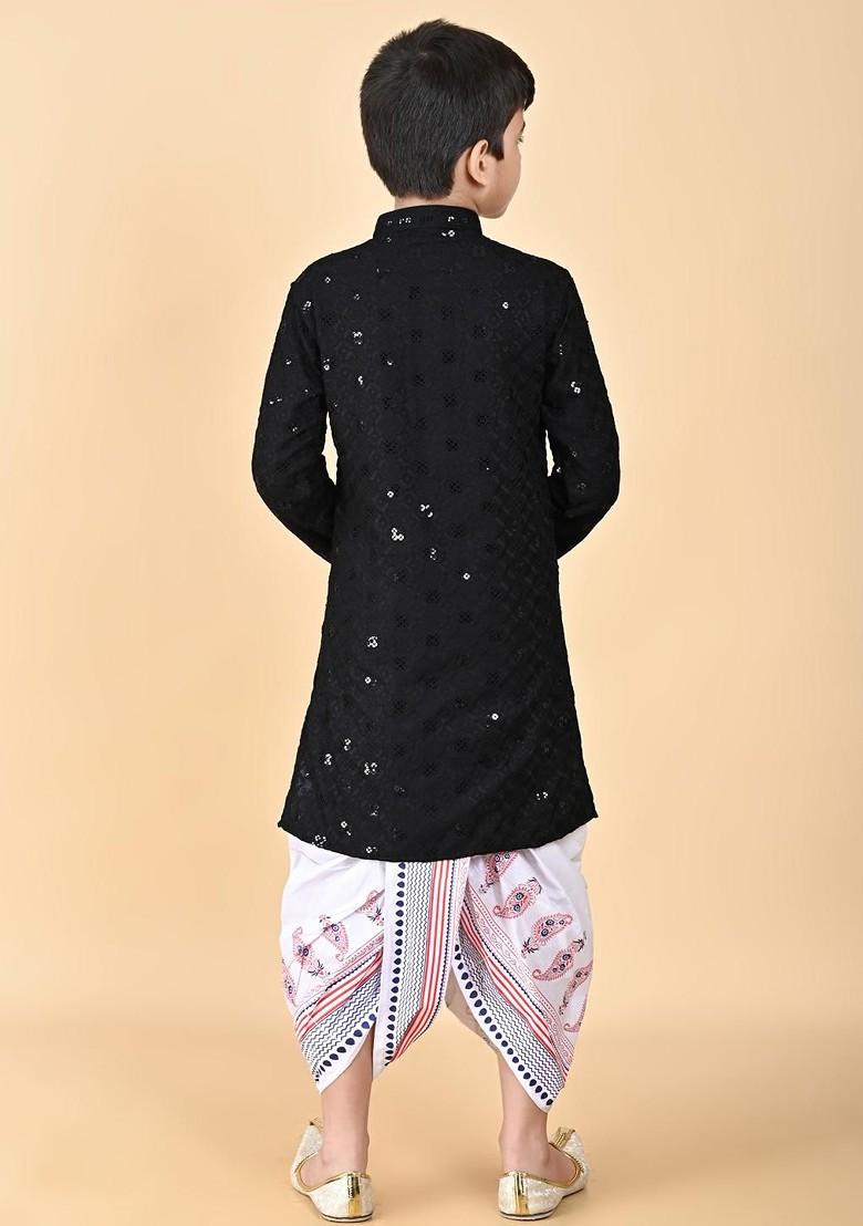 Black Embroidered Viscose Rayon Kurta Set For Boys - Indya