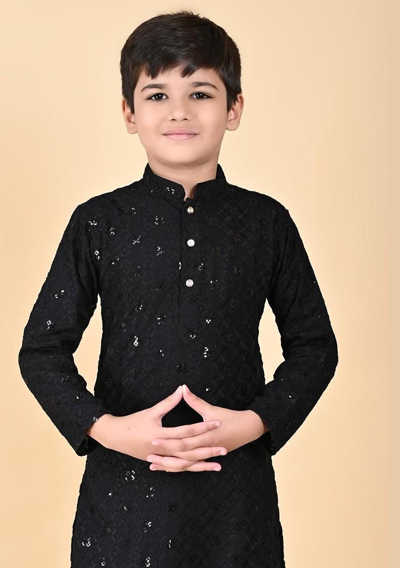 Black Embroidered Viscose Rayon Kurta Set For Boys - Indya
