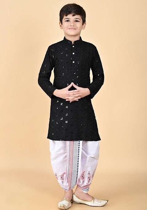 Black Embroidered Viscose Rayon Kurta Set For Boys