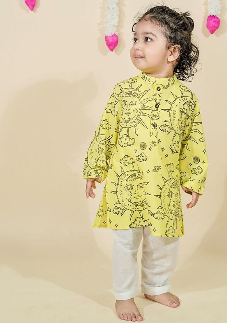 Yellow Printed Cotton Kurta Set For Boys - Indya