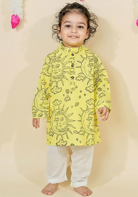 Yellow Printed Cotton Kurta Set For Boys